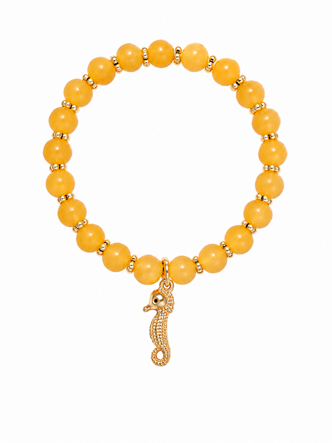 Yellow handcrafted glass bead bracelet with a gold seahorse charm