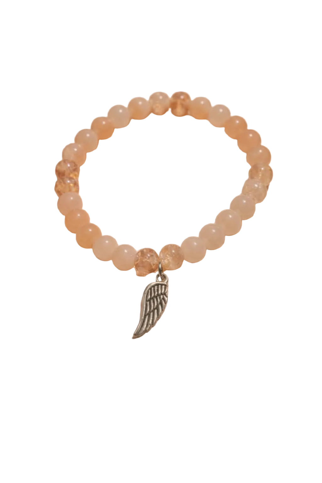 Peach beads with a wing charm handcrafted glass bead bracelet