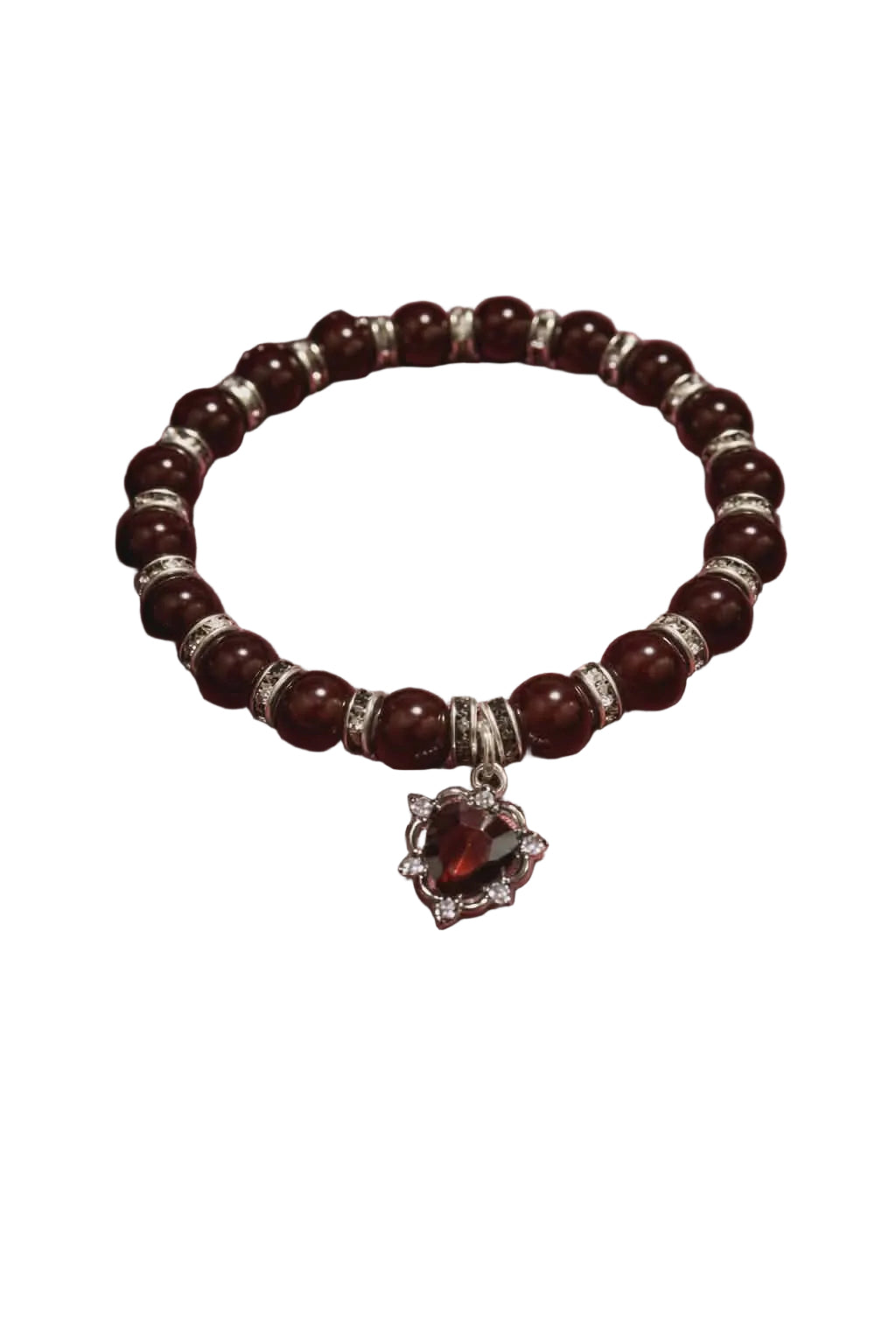 Dark Red beads with silver spacers and a red heart gem charm handcrafted glass bead bracelet