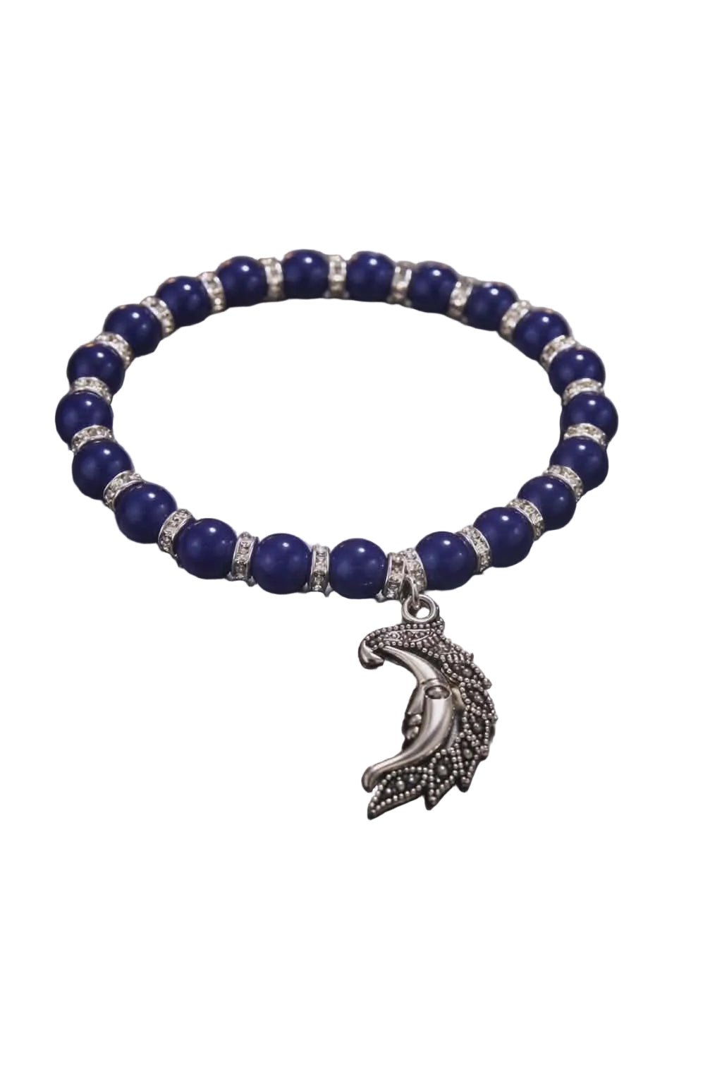 Dark Blue beads with silver spacers and a face in the moon charm handcrafted glass bead bracelet