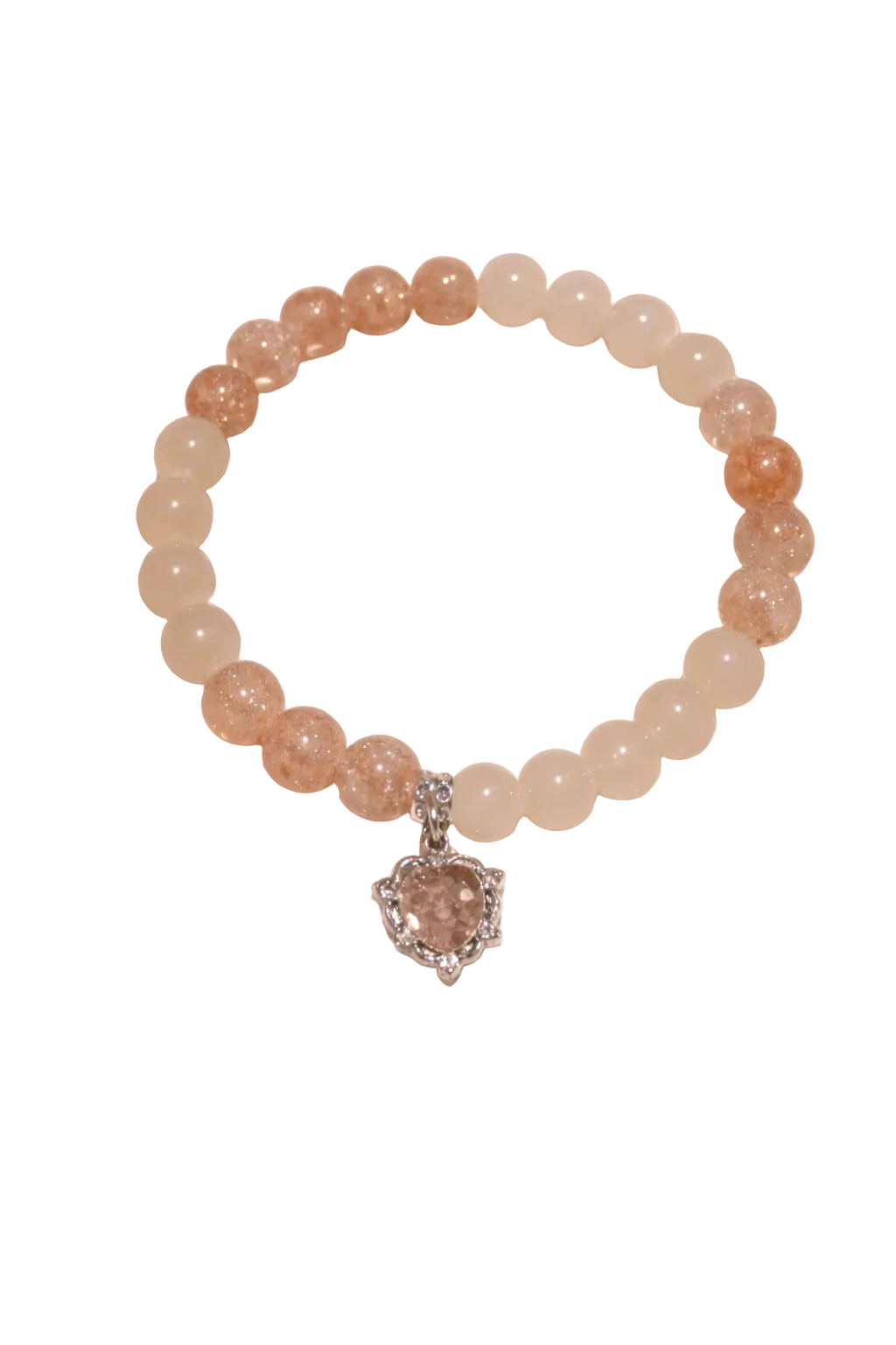 Peach and white glass bead bracelet with orange gem heart charm