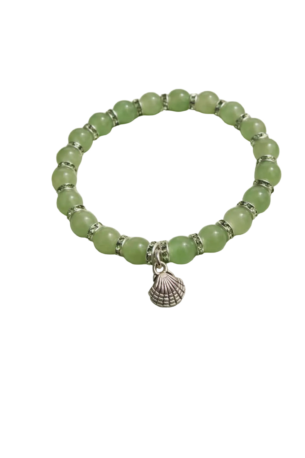 Green beads with green spacers and a seashell charm handcrafted glass bead bracelet