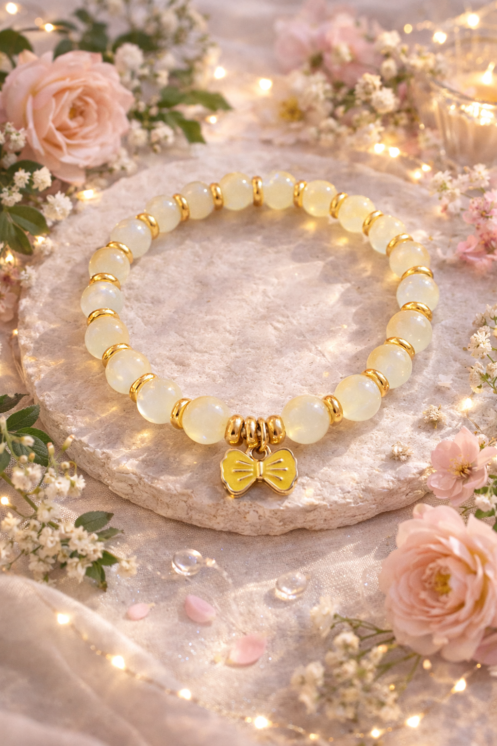 Yellow two tone with gold spacers yellow bow charm handcrafted glass bead bracelet