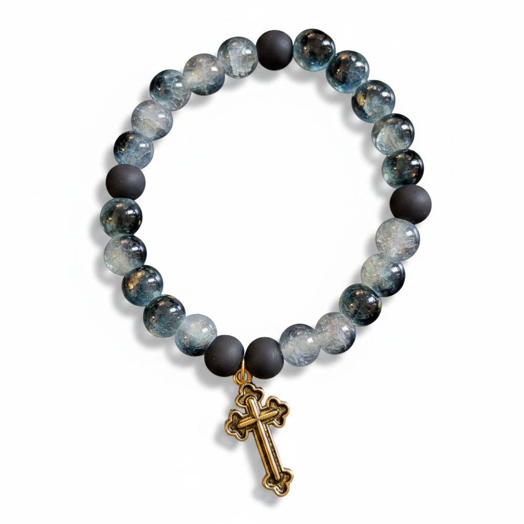 Black two tone beads with a black cross charm handcrafted glass bead bracelet