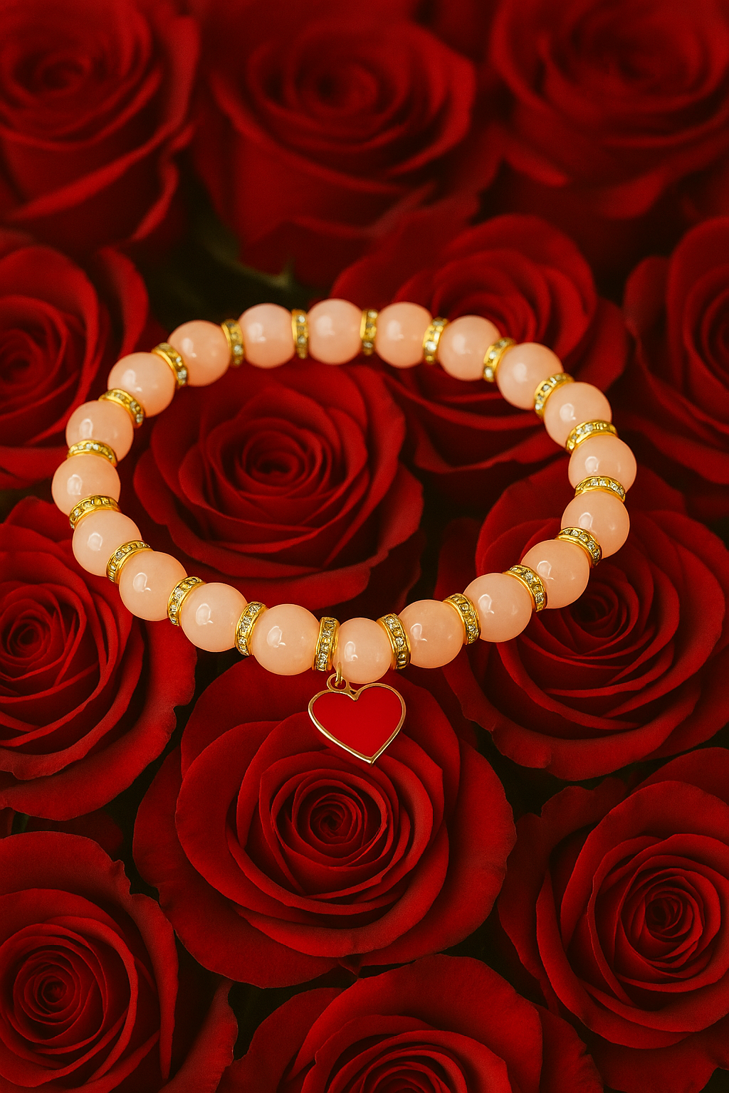 Pink glass bead bracelet with gold spacers and a red heart charm