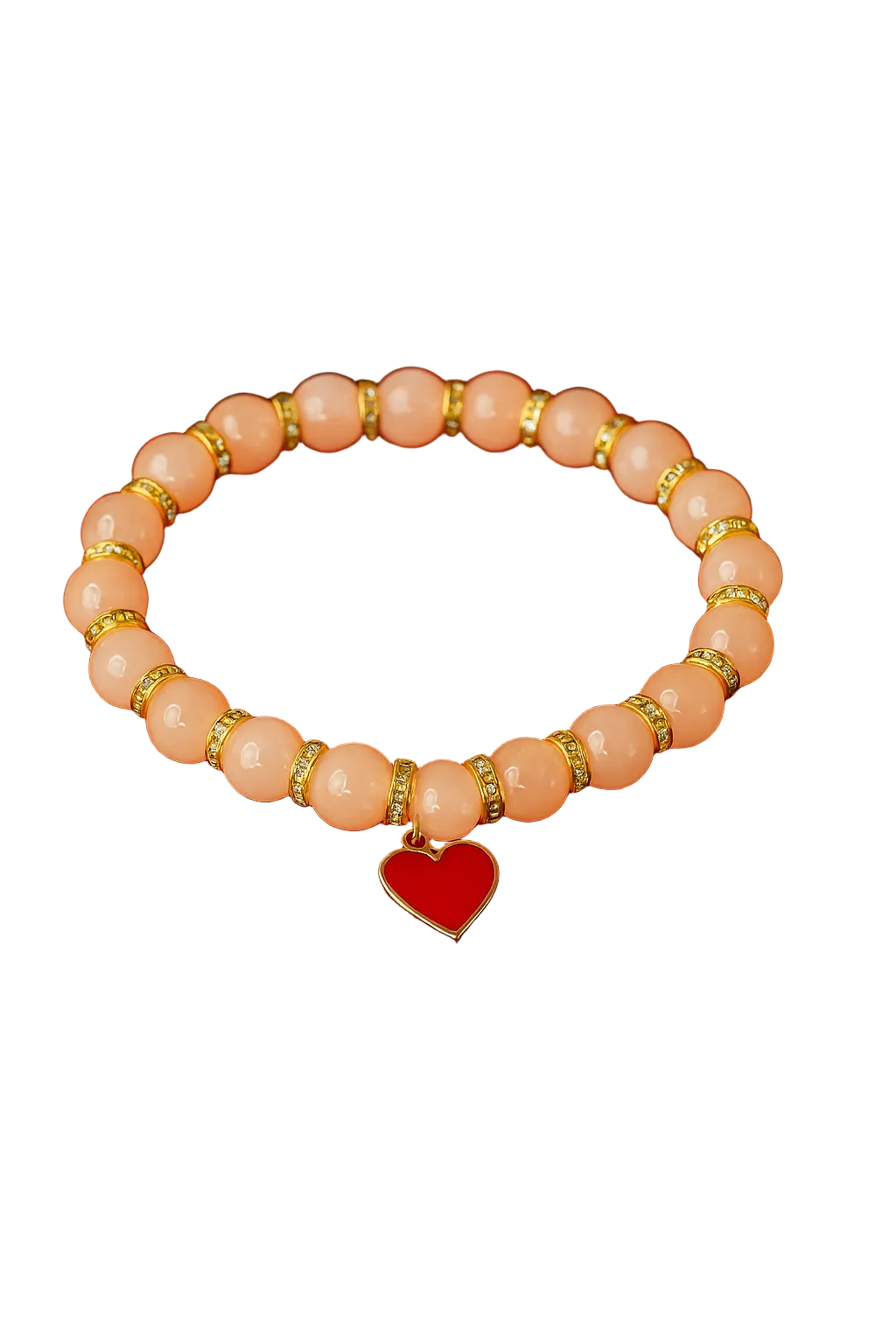 Pink glass bead bracelet with gold spacers and a red heart charm