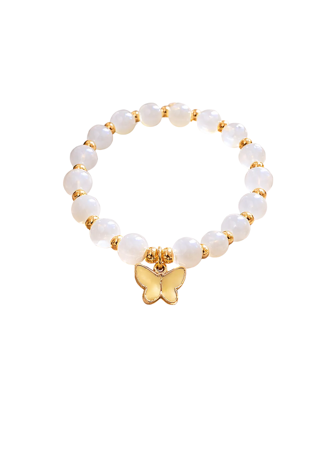 White beads with gold spacers with yellow butterfly charm handcrafted glass bead bracelet