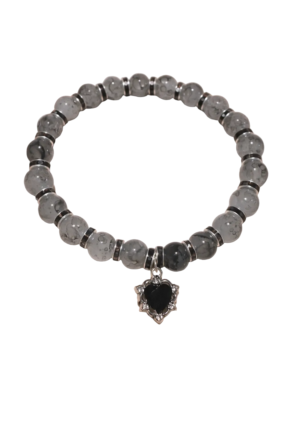 Two tone black glass bead bracelet with black spacers and black heart gem charm