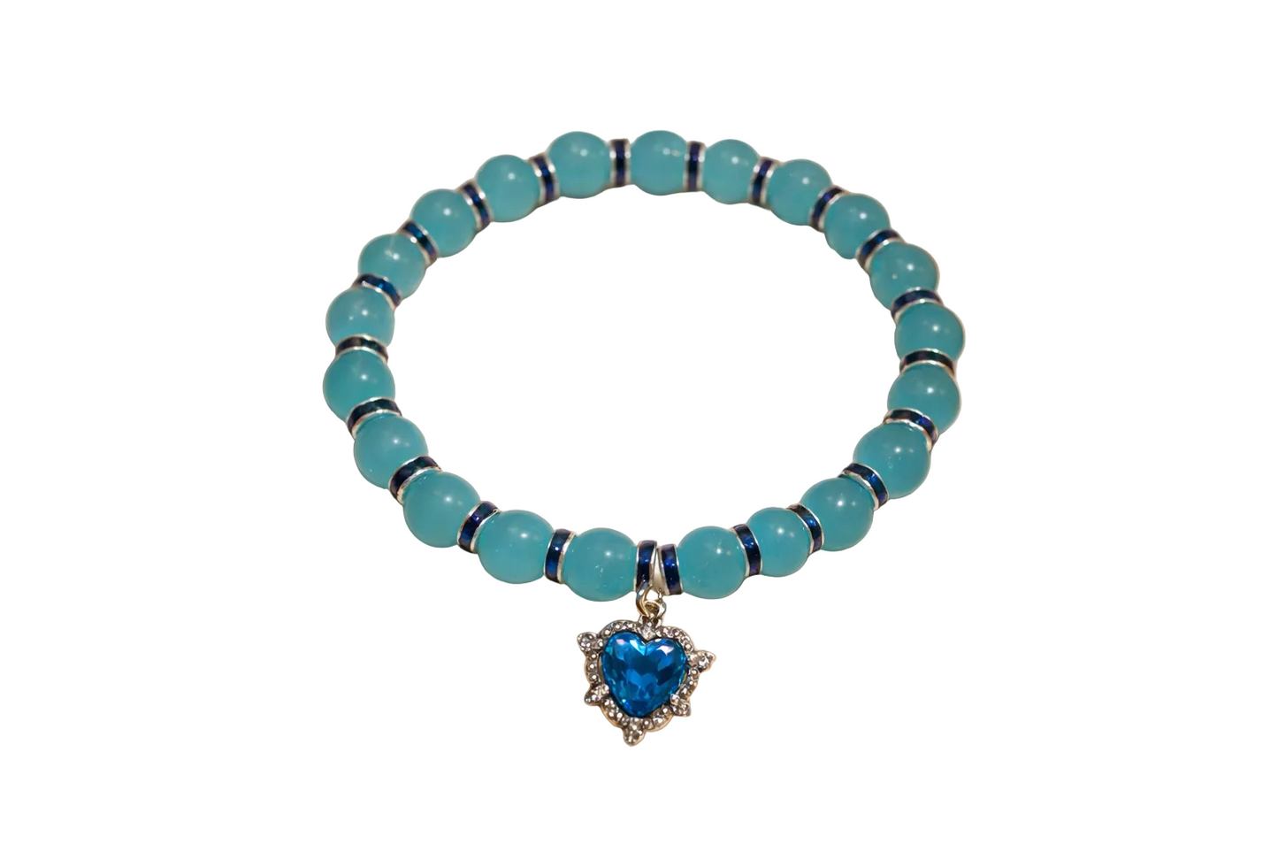 Light blue glass bead bracelet with dark blue spacers and a blue gem charm