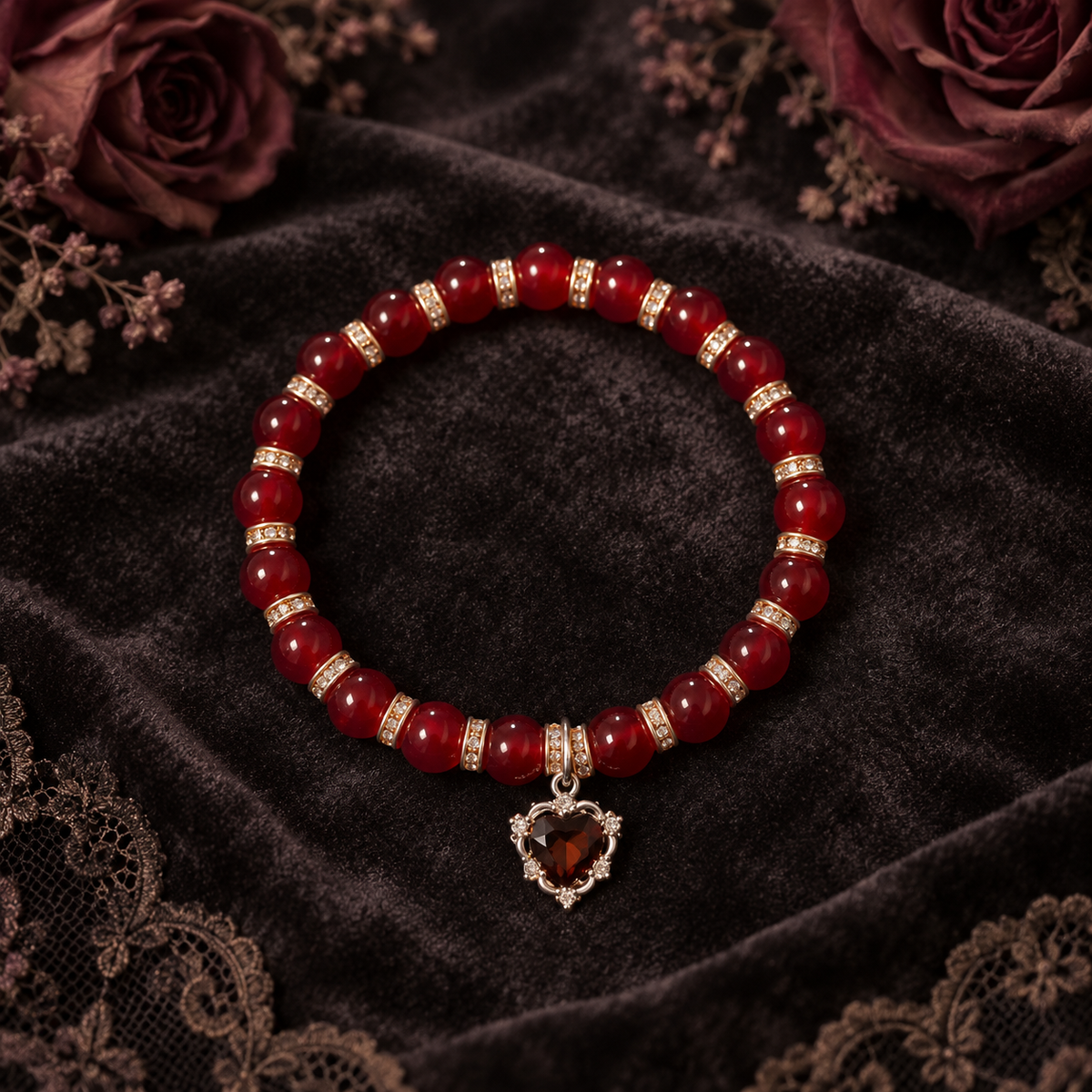 Dark Red beads with silver spacers and a red heart gem charm handcrafted glass bead bracelet