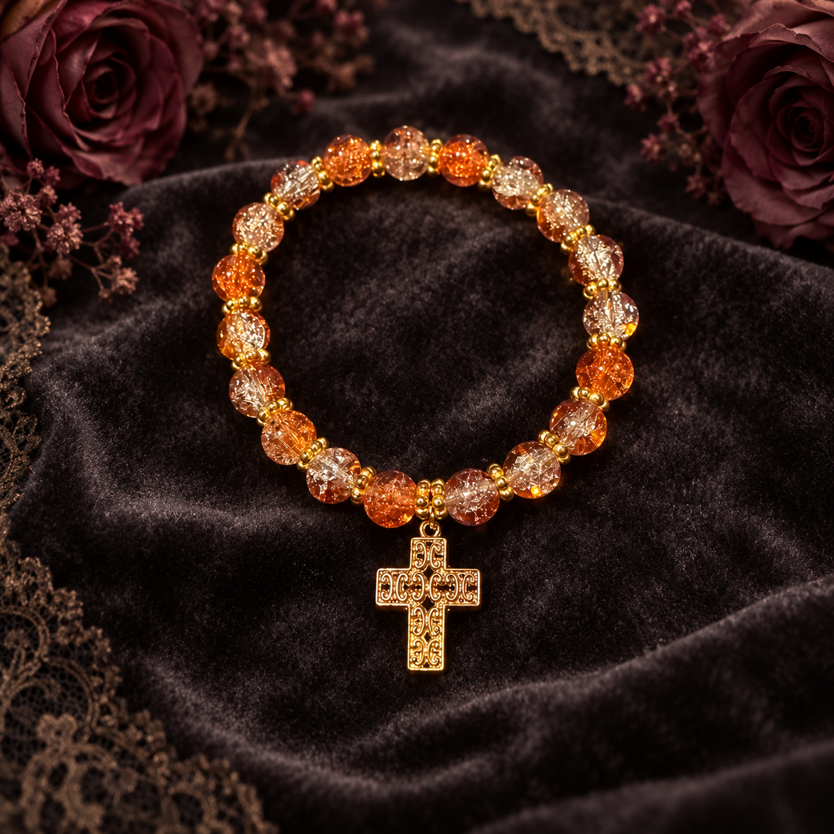 Orange glass bead handcrafted bracelet with cross charm