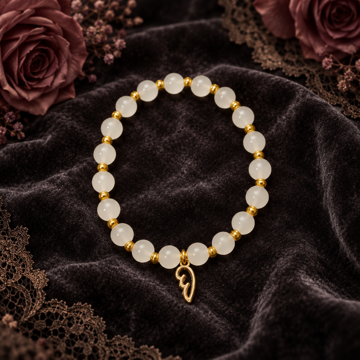 White handcrafted glass bead bracelet with a wing charm