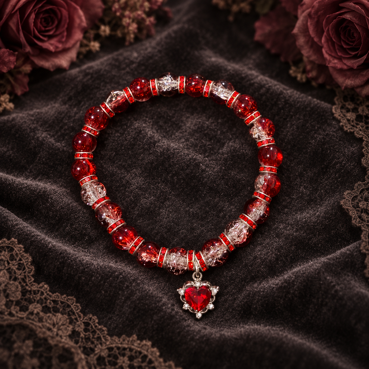 Red two tone handcrafted glass bead bracelet with a red heart charm