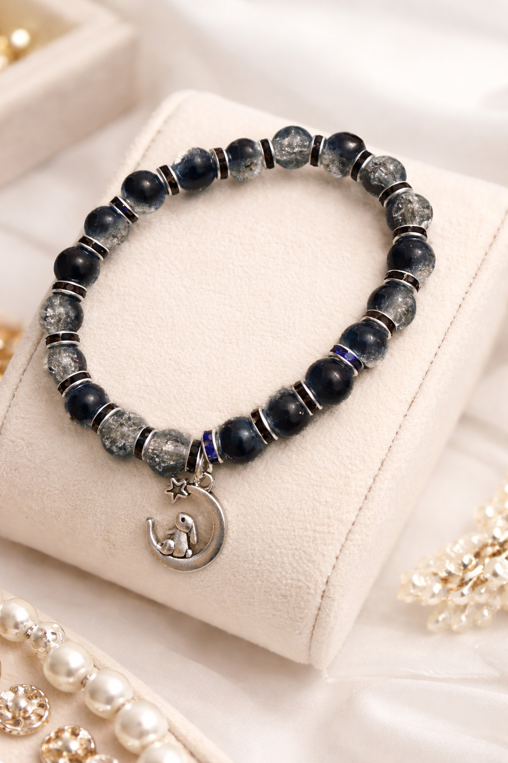 Black two tone beads with a rabbit in moon charm handcrafted glass bead bracelet