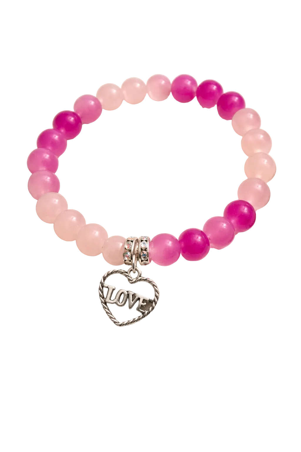 Pink Two tone glass beads with a love heart charm handcrafted glass bead bracelet