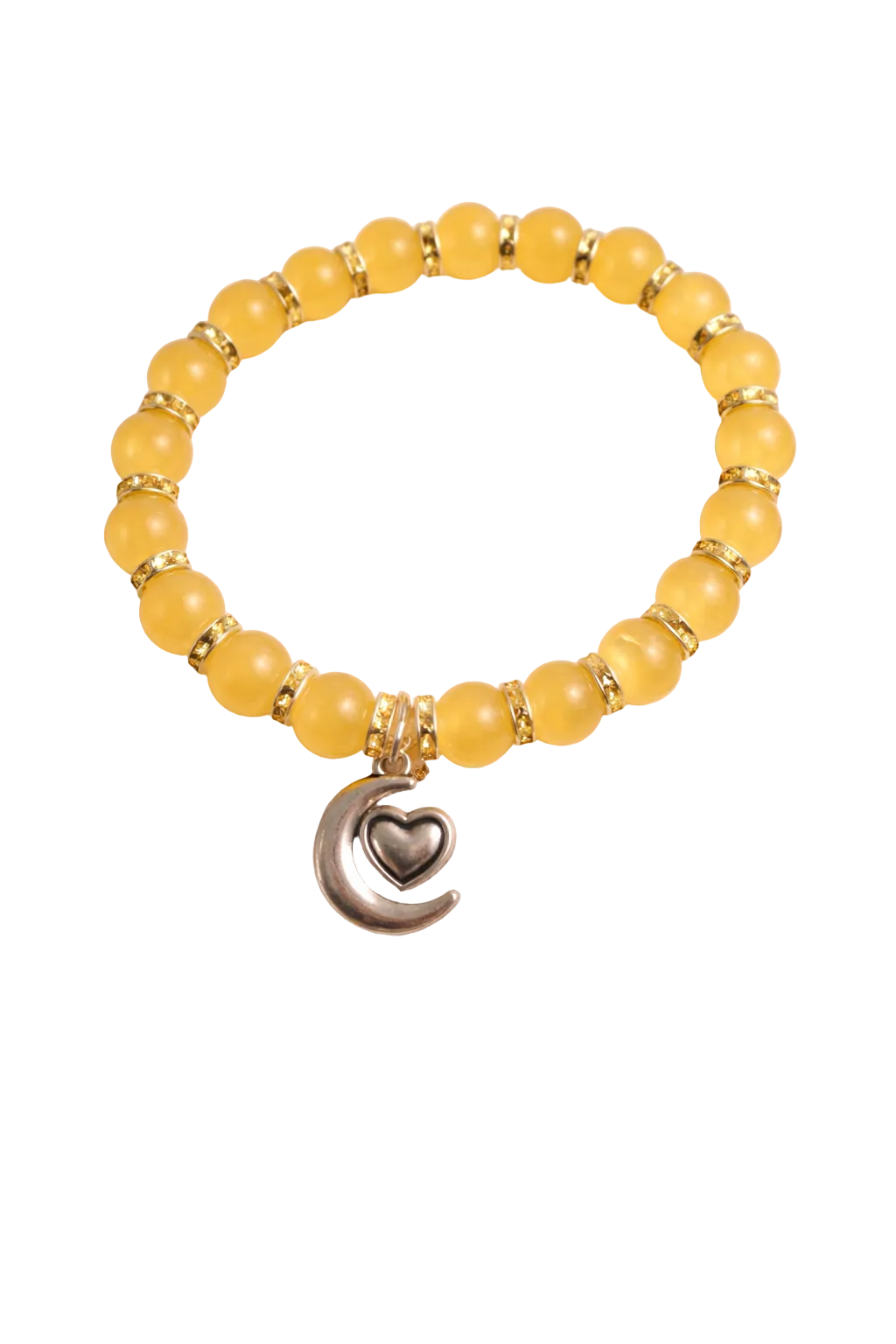 Yellow beads with gold spacers with heart in moon charm handcrafted glass bead bracelet
