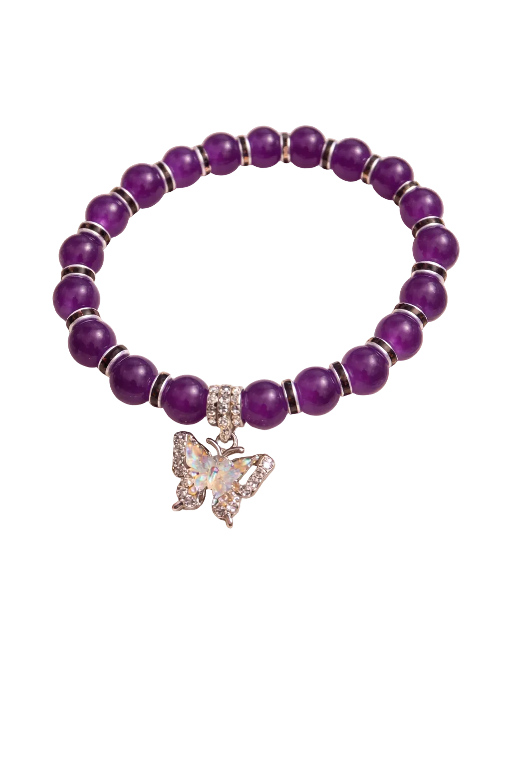 Purple glass beads with black spacers with a butterfly charm handcrafted glass bead bracelet