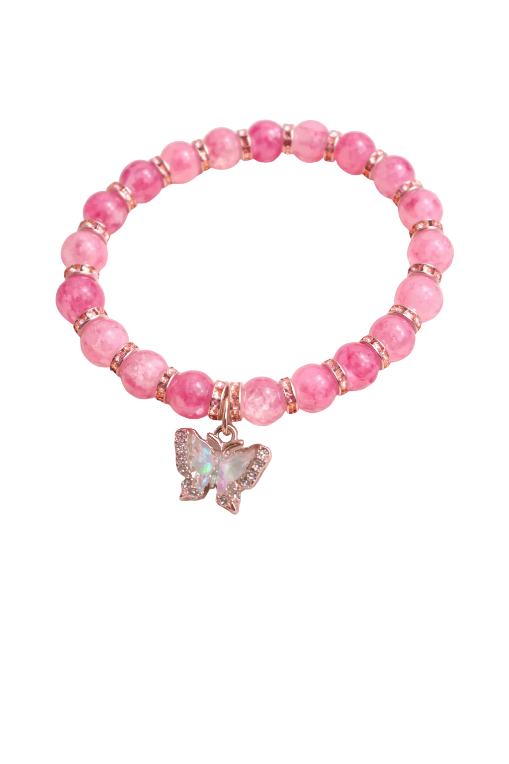 Pink Two tone glass beads with a butterfly charm handcrafted glass bead bracelet