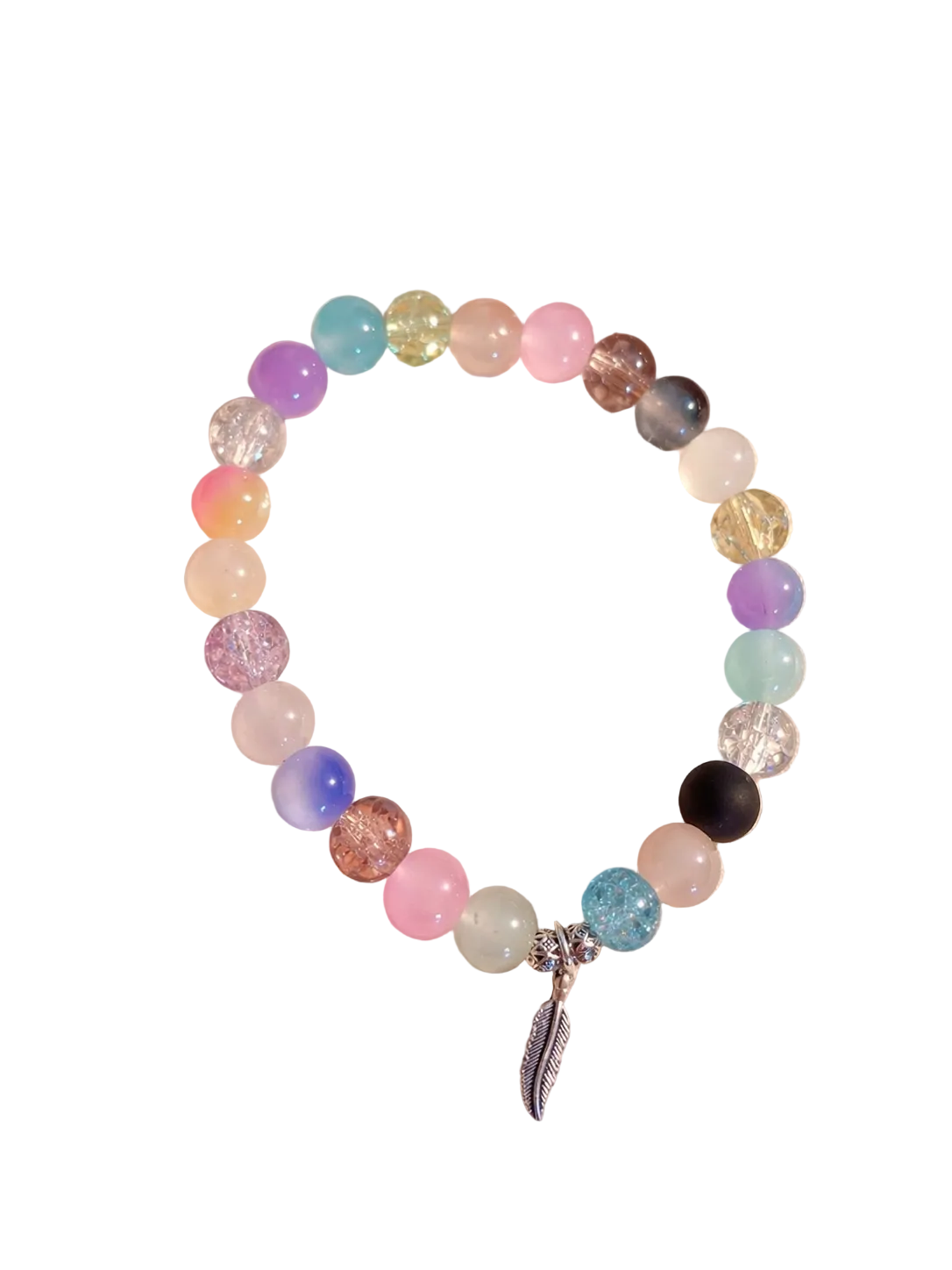 Sea breeze handcrafted glass bead bracelet random coloured beads with a feather charm