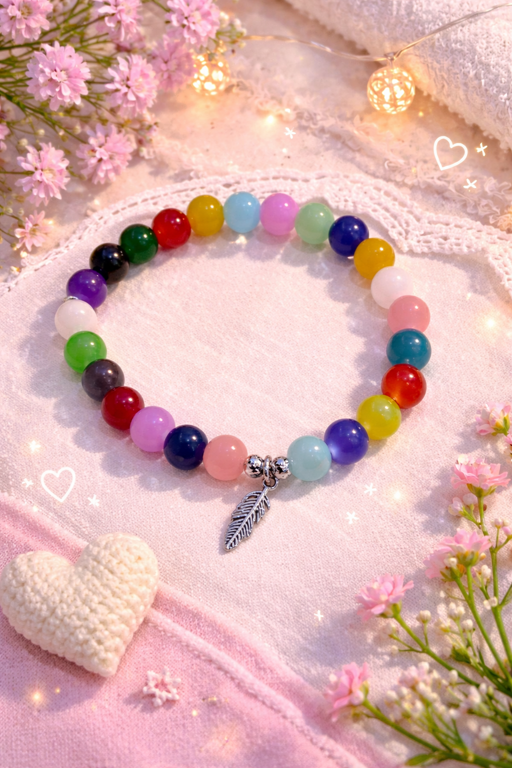 Riches handcrafted glass bead bracelet random coloured beads with a feather charm