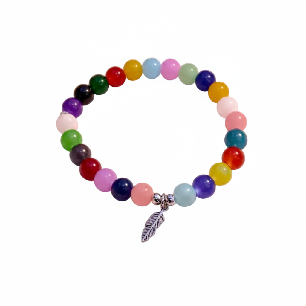 Riches handcrafted glass bead bracelet random coloured beads with a feather charm