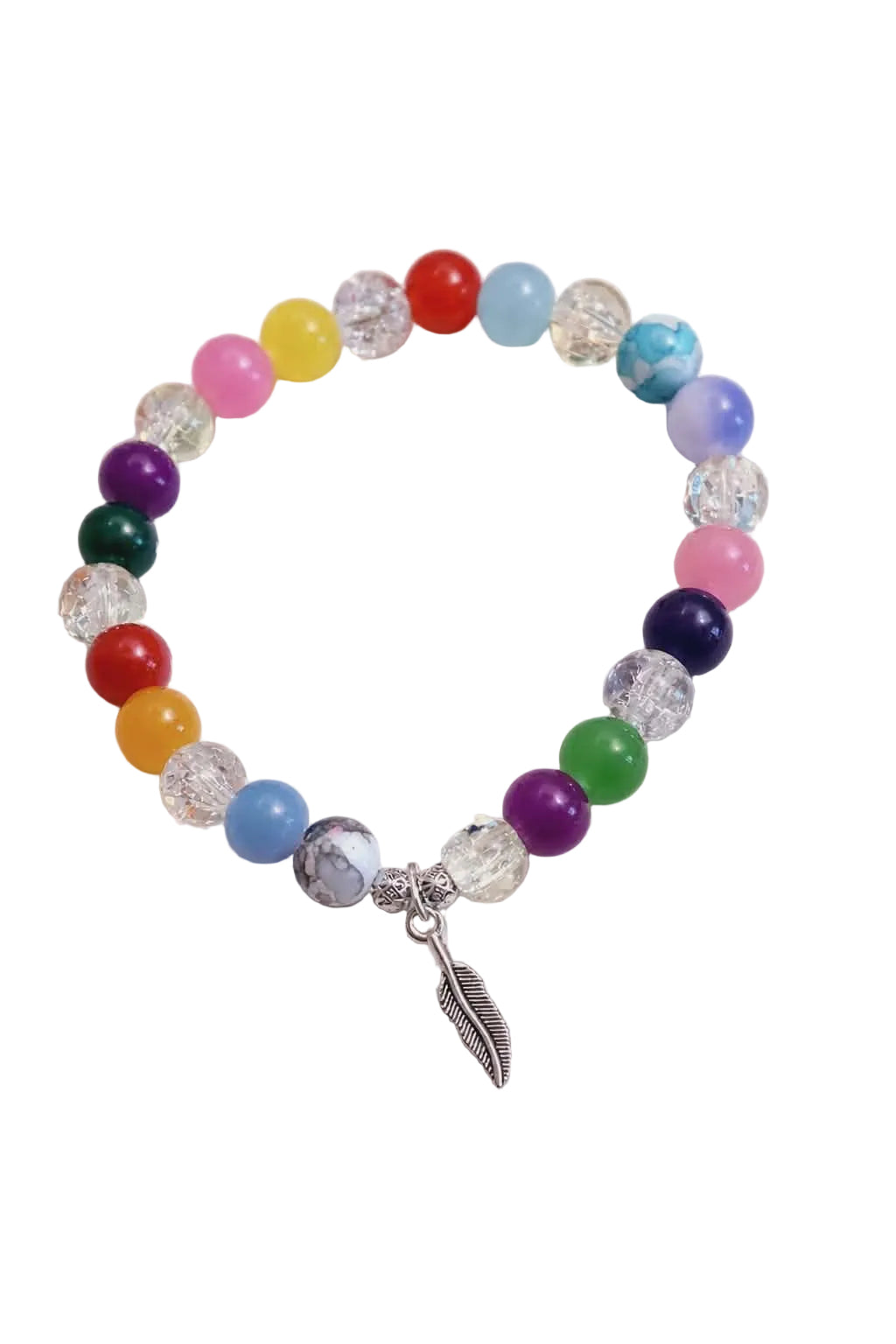 Crystal handcrafted glass bead bracelet random coloured beads with a feather charm