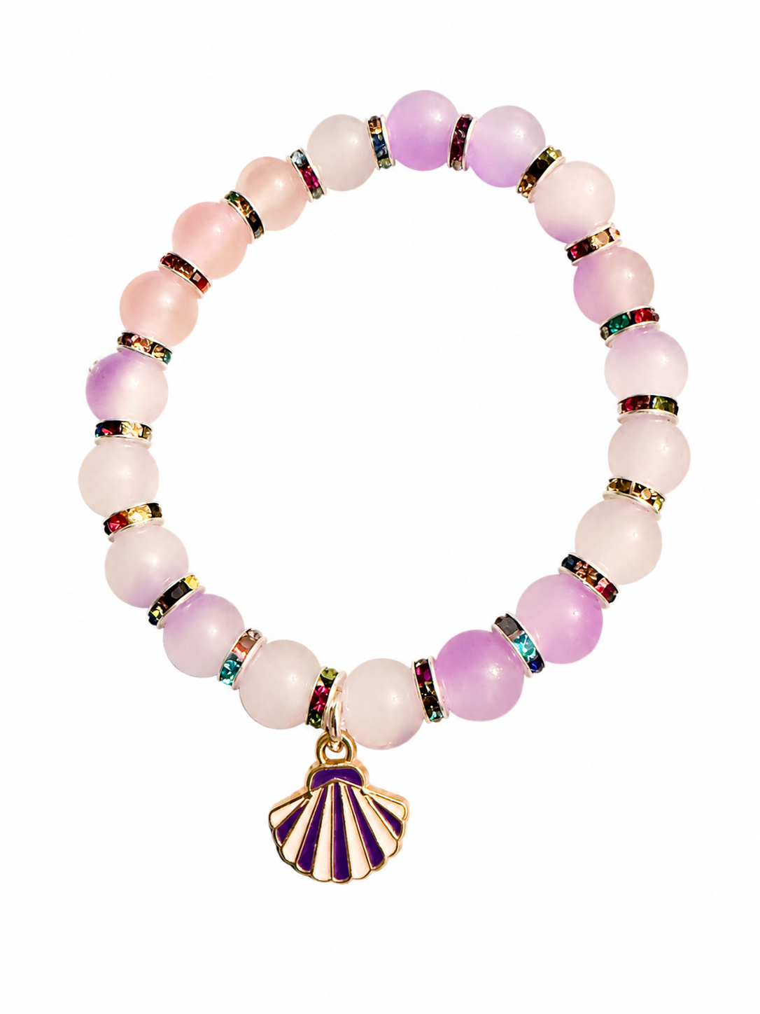 Purple two tone handcrafted glass bead bracelet with a seashell charm