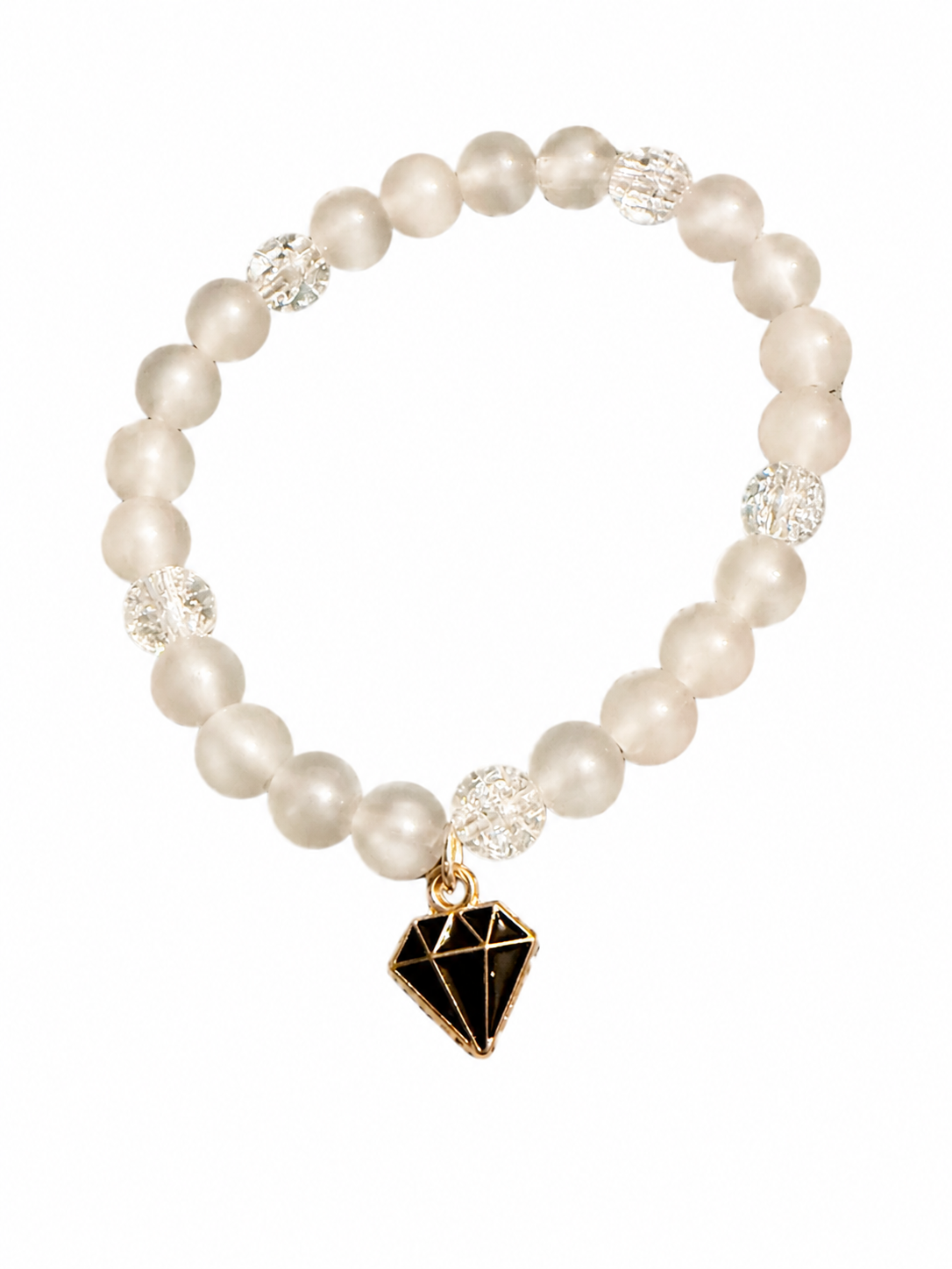 White handcrafted glass bead bracelet with a black diamond charm