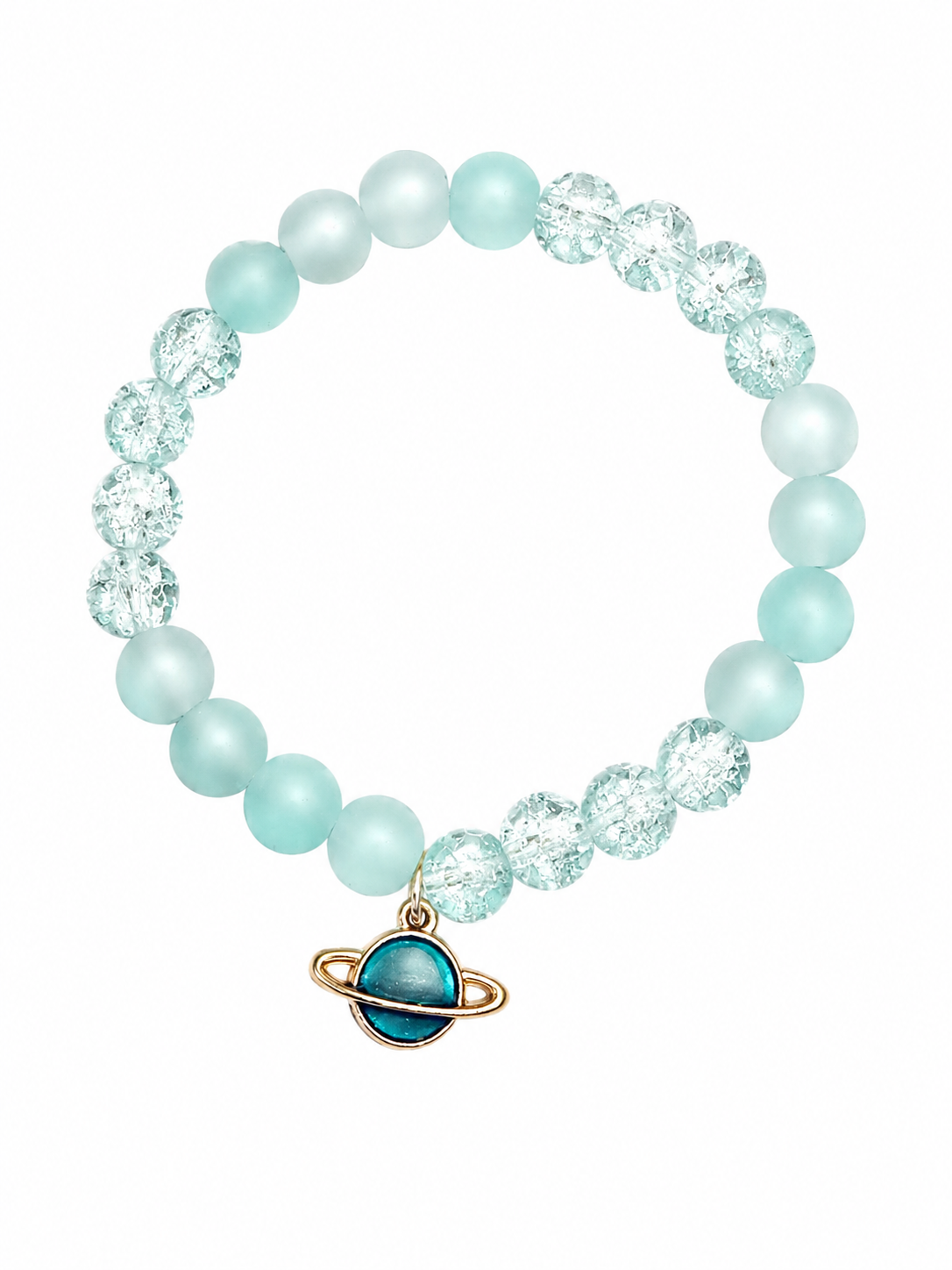 Blue handcrafted glass bead bracelet with a planet charm