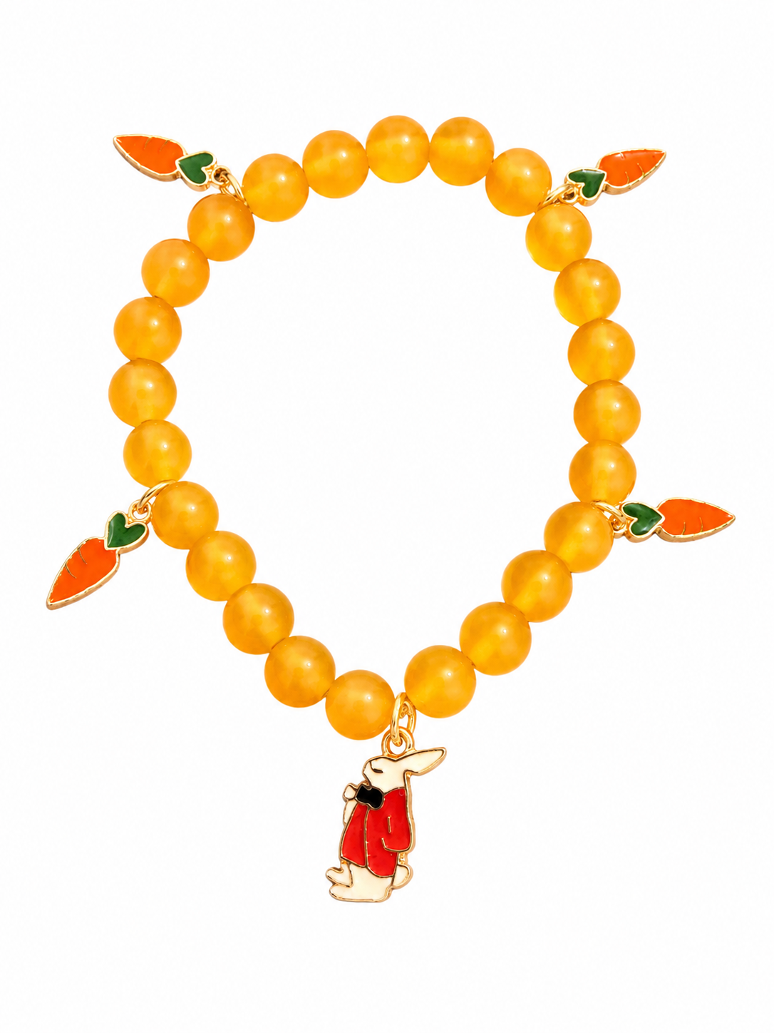 Orange handcrafted glass bead bracelet with a bunny and carrot charms