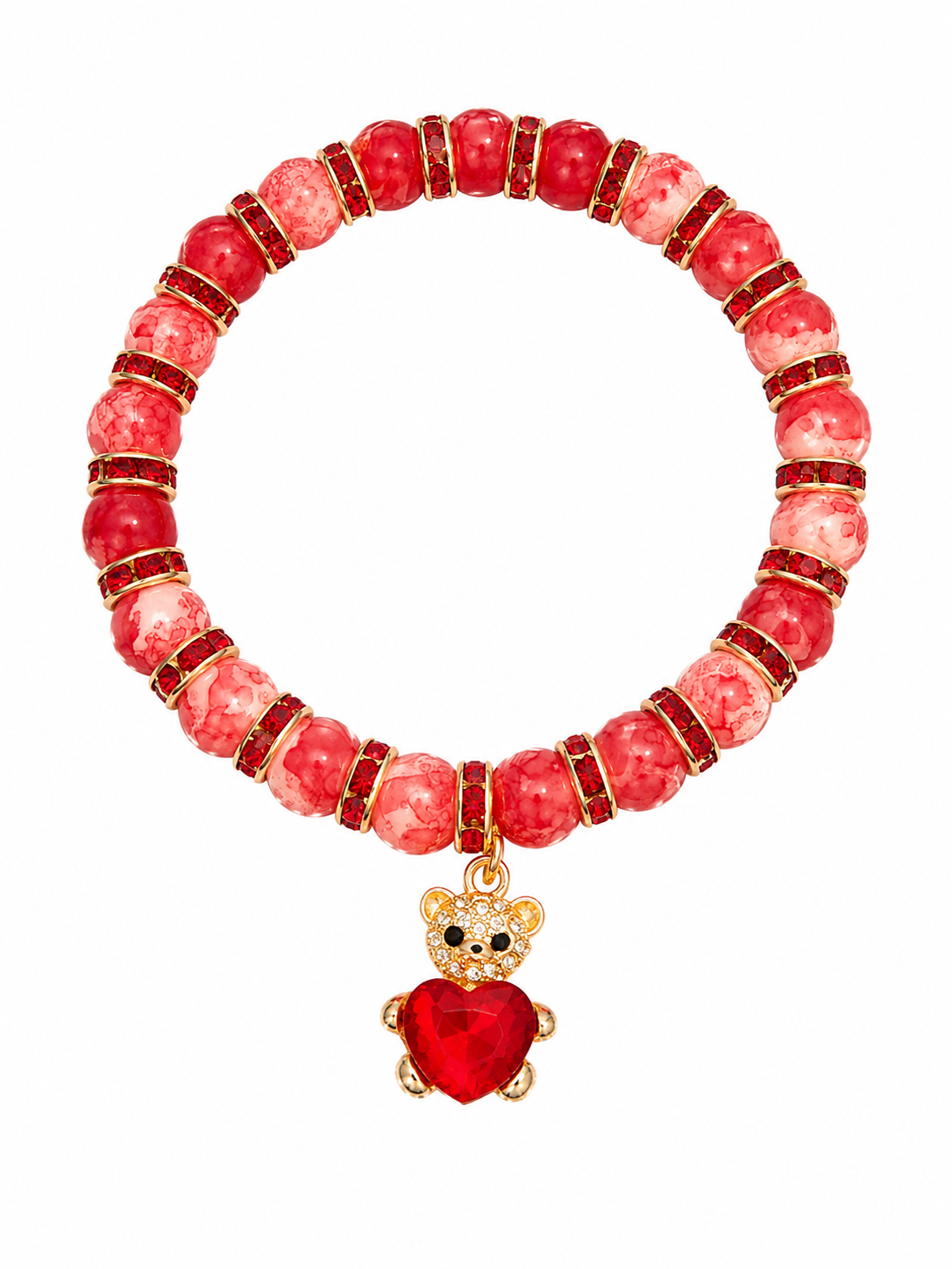 Red two tone handcrafted glass bead bracelet with a bear and red heart gem charm