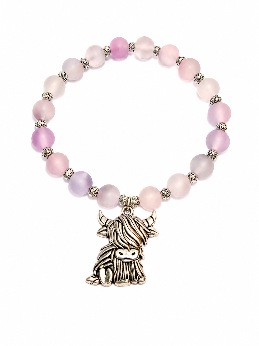 Pink handcrafted glass bead bracelet with a highland cow charm