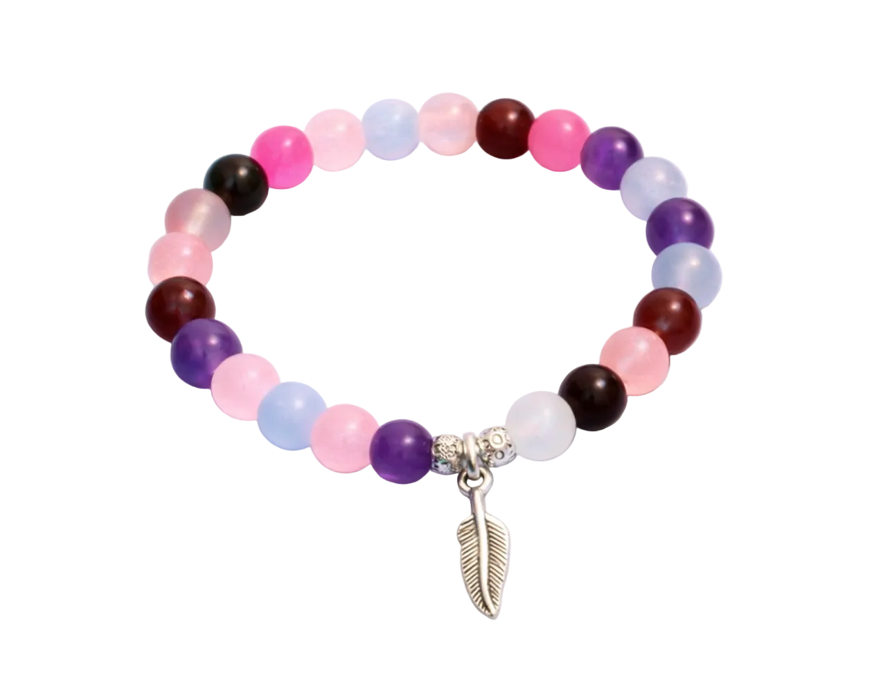 Deep handcrafted glass bead bracelet random coloured beads with a feather charm