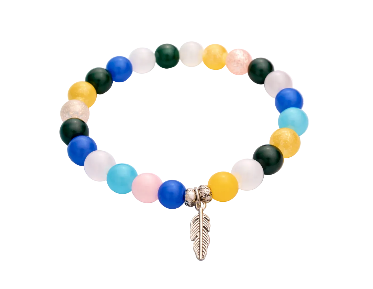 Rainy handcrafted glass bead bracelet random coloured beads with a feather charm