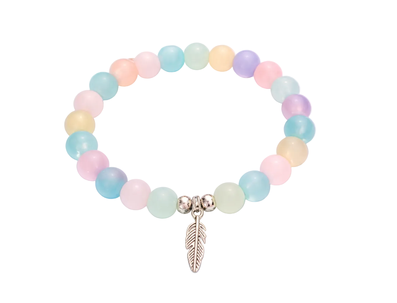 Sky lite handcrafted glass bead bracelet random coloured beads with a feather charm