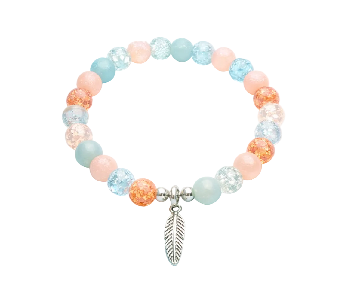 Little bit crackle handcrafted glass bead bracelet random coloured beads with a feather charm