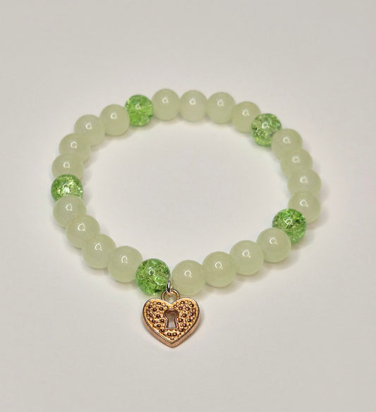 Green glass bead Bracelet with gold heart charm