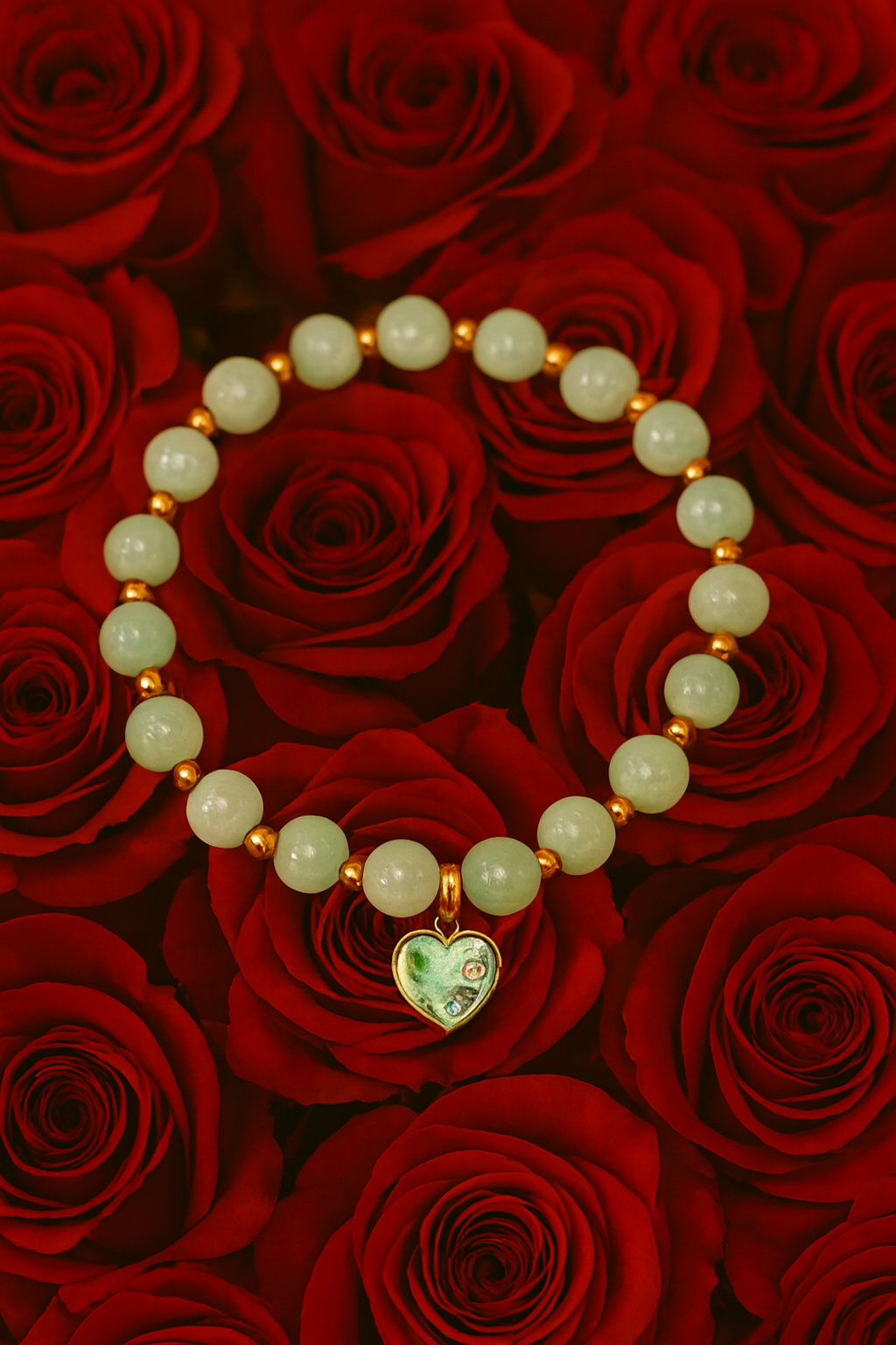 Green glass bead bracelet with gold spacers and green heart charm