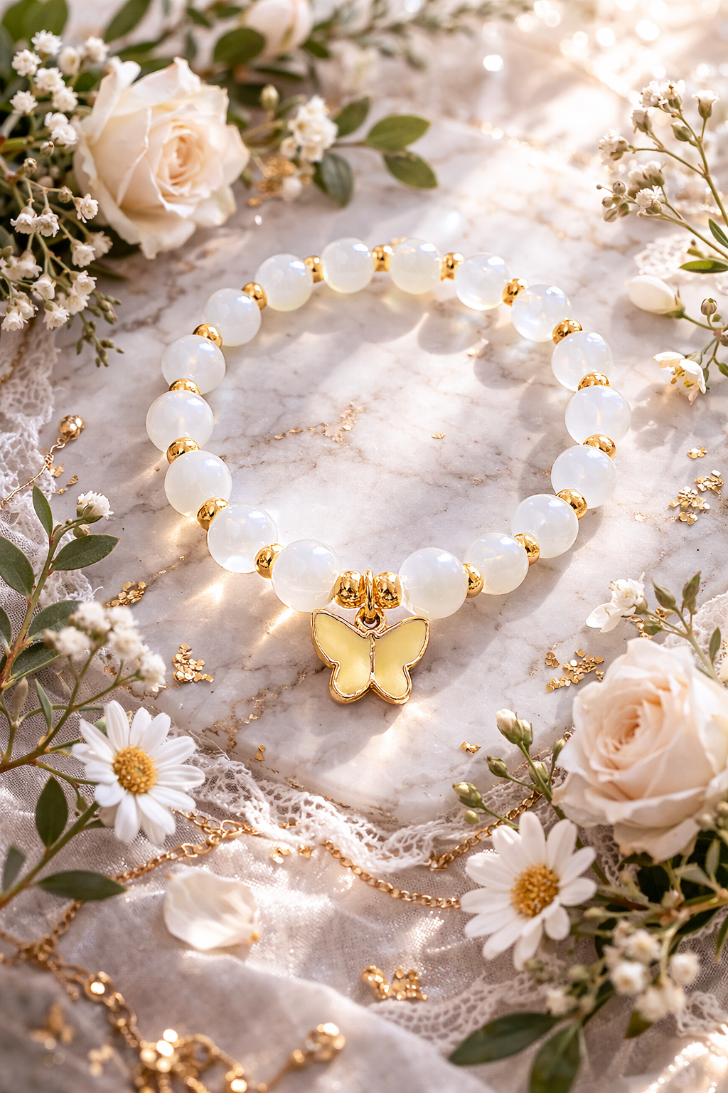 White beads with gold spacers with yellow butterfly charm handcrafted glass bead bracelet