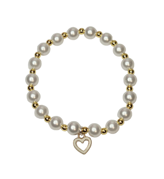 White glass bead bracelet with gold spacers and a white heart charm
