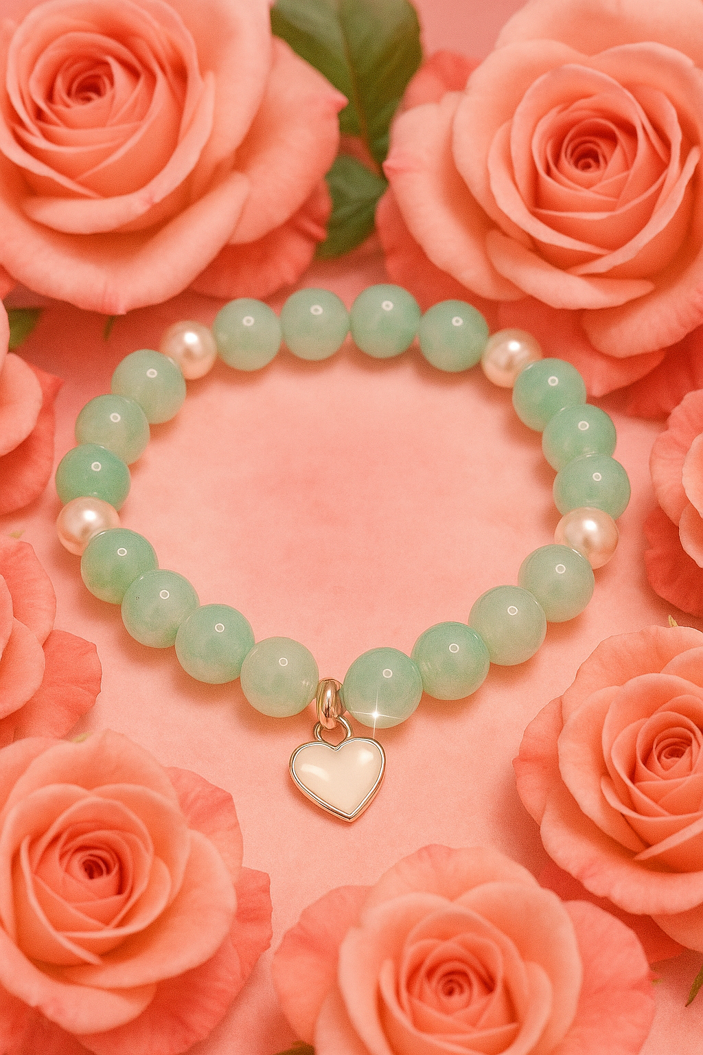 Green and white glass bead bracelet with a white heart charm