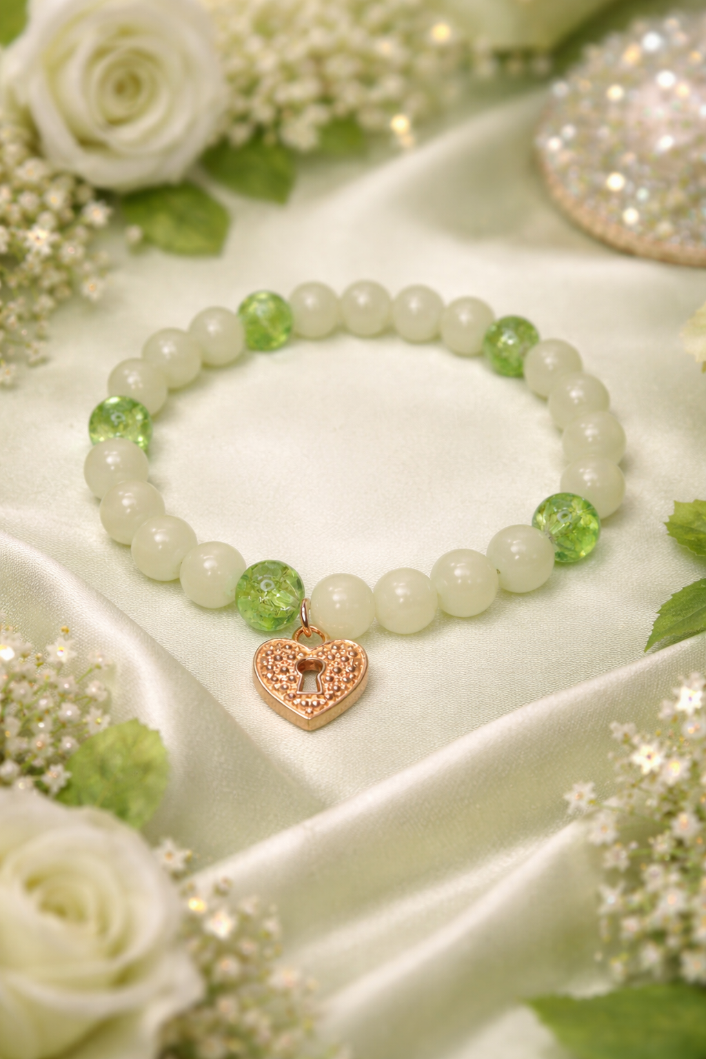 Green glass bead Bracelet with gold heart charm