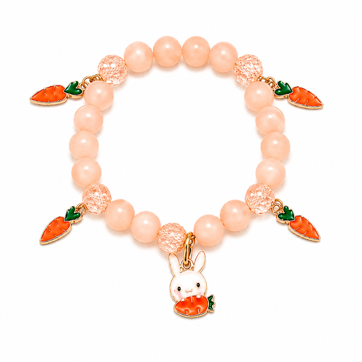 Orange handcrafted glass bead bracelet with a bunny and carrot charms
