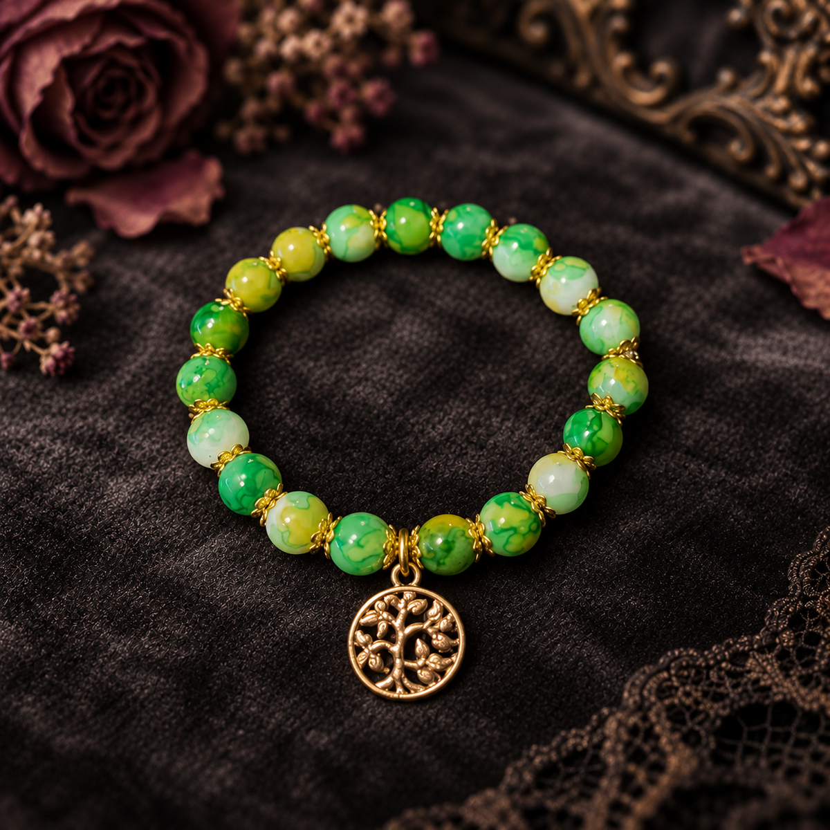 Green beads 2 tone with gold spacers and a Gold tree of life Charm handcrafted glass bead bracelet