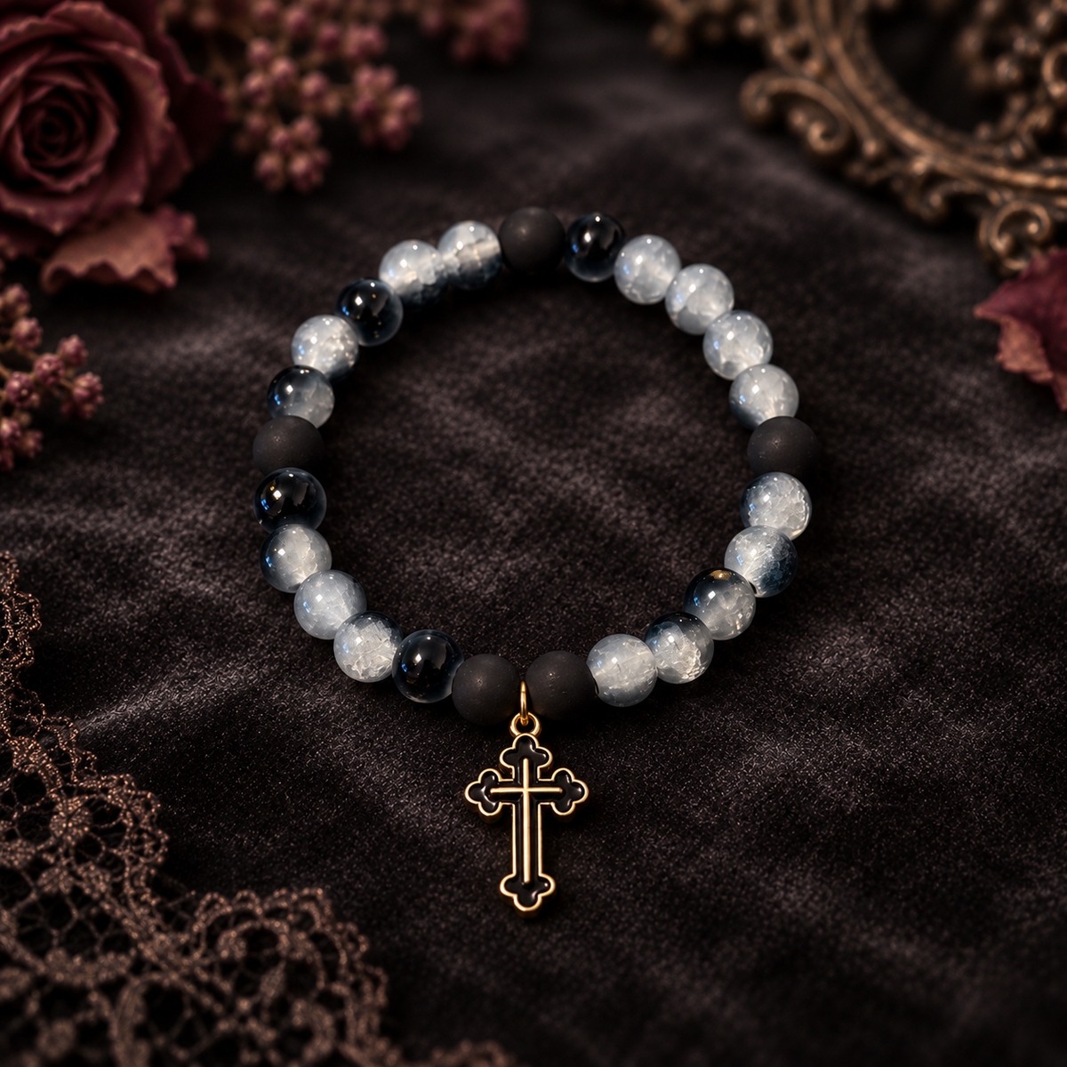 Black two tone beads with a black cross charm handcrafted glass bead bracelet