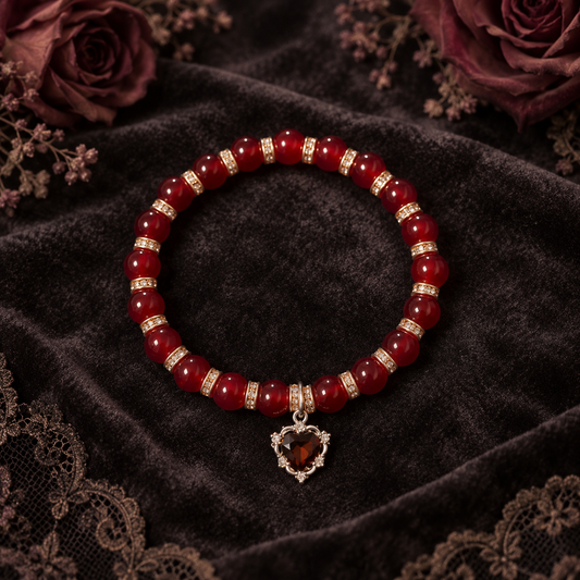 Dark Red beads with silver spacers and a red heart gem charm handcrafted glass bead bracelet