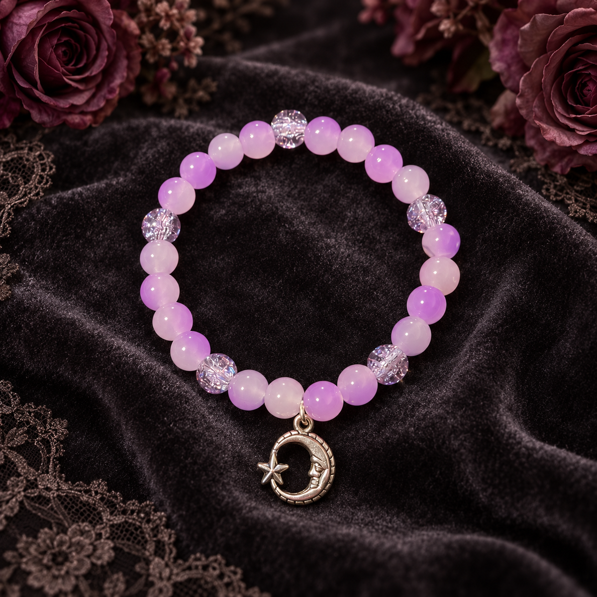 Purple glass bead handcrafted bracelet with a moon charm
