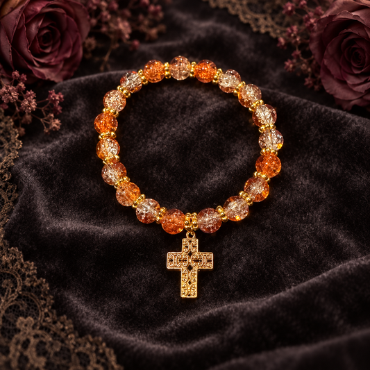 Orange glass bead handcrafted bracelet with cross charm