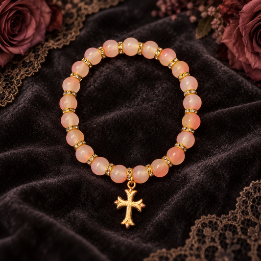 Peach glass bead hand crafted bracelet with cross charm