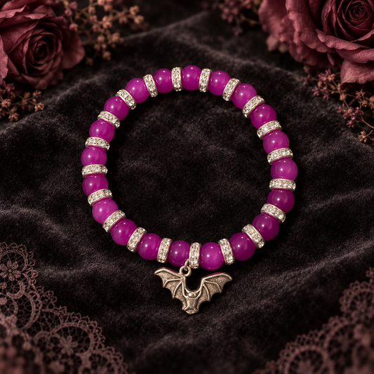 Purple glass beads handcrafted bracelet with a bat charm